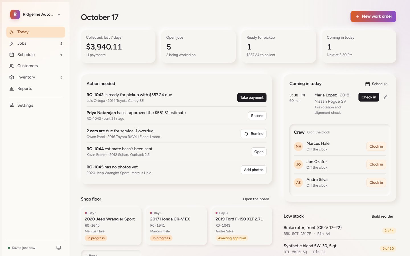 The Today screen: payments collected this week, open jobs, cars ready for pickup and a list of what needs attention.